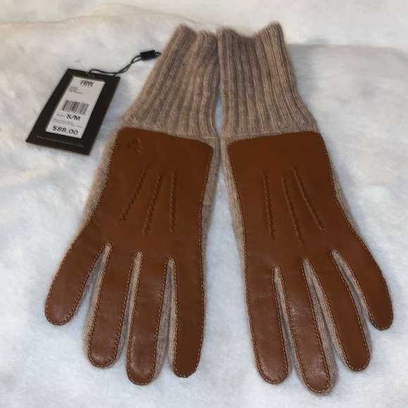 🦃 FRYE Brown Leather Patch Knit Gloves Cognac Color NWT S / M - Picture 9 of 11